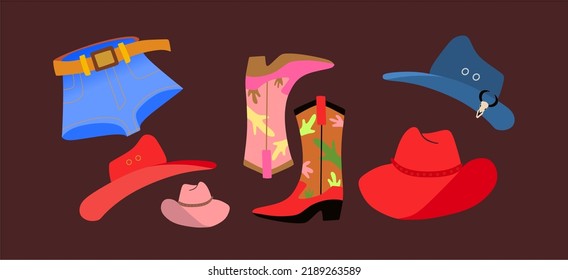 A set of stylish clothes in a cowboy style. Covgirl wardrobe.denim shorts with a leather belt, pink boots and red-brown-green boots, red and pink cowboy hats.A blue hat with a bull's skull. Flat