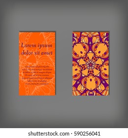 Set of stylish colorful business card template. Abstract floral pattern and ornaments, ottoman motifs. Front and back page.