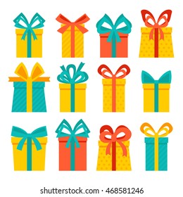 Set of stylish and colorful gift boxes. Various gift boxes with different ribbons and bows.