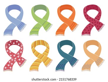 Set of stylish colorful scarves for boys and girls in cold weather. Clothes for winter and autumn. Hand-drawn vector illustration on white background.