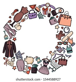 Set of stylish colorful women's accessories. Shopping Vector illustration for a card or poster. Print on clothes. Fashion & Style.