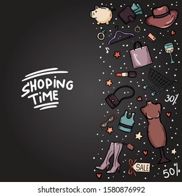 Set of stylish colorful women's accessories. Shopping Vector illustration for a card or poster. Print on clothes. Fashion & Style.