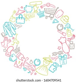 Set of stylish colorful women's accessories. Shopping Vector illustration for a card or poster. Print on clothes. Fashion & Style.