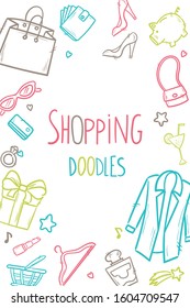Set of stylish colorful women's accessories. Shopping Vector illustration for a card or poster. Print on clothes. Fashion & Style.