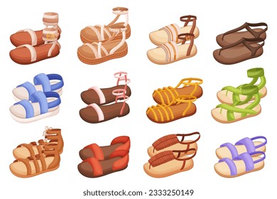 Set of Stylish And Comfortable Summer Sandals, Perfect For Warm Weather. They Feature Open-toe Designs, Breathable Materials, And Trendy Details, Summertime Outfit. Cartoon Vector Illustration