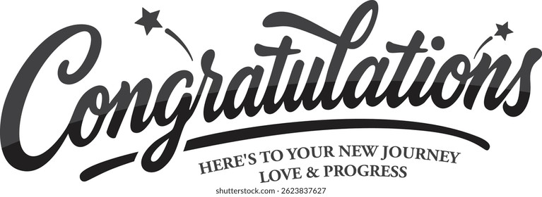 Set of stylish "Congratulations" text designs with decorative stars and elegant flourishes. Ideal for celebration cards, print, and digital use with transparent backgrounds.

