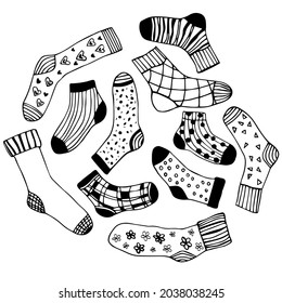 A set of stylish cotton and wool socks with various patterns, hearts and flowers, doodle. Winter and autumn shoes. Vector illustration of a flat design, black outline.