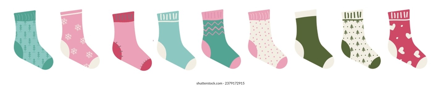 Set of stylish cotton and woolen socks with different drawings, patterns, colors and design. Colorful flat textured vector illustration