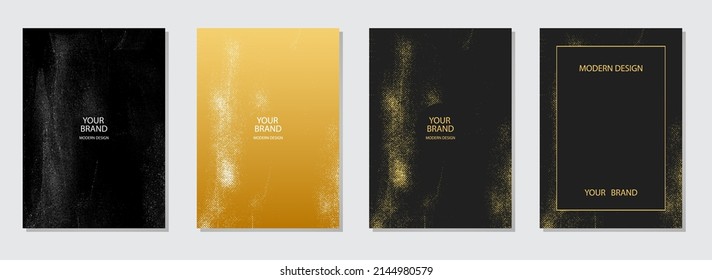 Set of stylish cover designs. Collection of vertical templates. Grunge golden marble texture. Geometric black backgrounds. Topical design solution for brochure, catalogue, book, poster, flyer.