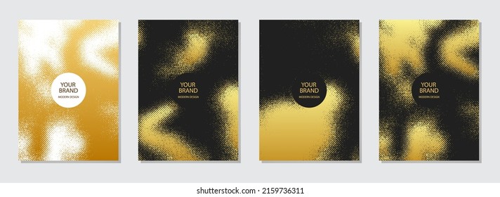 Set of stylish covers. Collection of black backgrounds, geometric pattern with spots and sparkles. Golden grunge texture. Vertical templates with place for text.