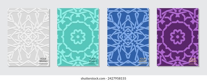 Set of stylish covers, different colors vertical templates. Collection of relief, geometric backgrounds with ethnic linear 3D pattern, handmade. Creativity of the East, Asia, India, Mexico, Aztec