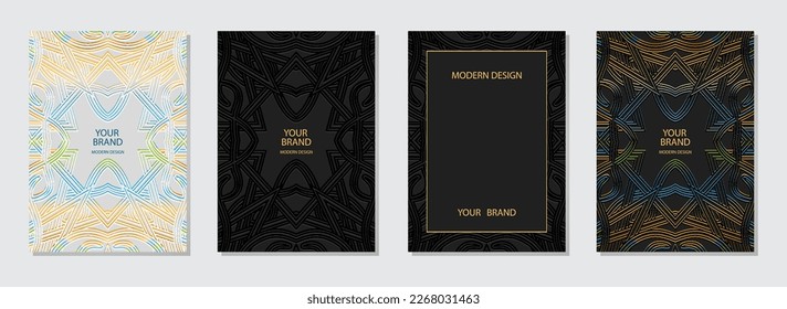Set of stylish covers, vertical templates. Collection of relief geometric backgrounds with 3D pattern, press paper. Themes of the East, Asia, India, Mexico, Aztecs, Peru. Ethnic boho motifs.
