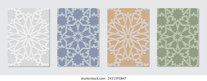 Conjunto de cubiertas elegantes, plantillas verticales. Colección de relieves, fondos geométricos con patrones étnicos 3D. Creatividad ornamental hecha a mano de Oriente, Asia, India, México, Azteca, Perú.