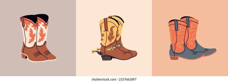 Set of Stylish cowboy boots with different ornaments. Shoe pairs collection. Wild West theme. Hand drawn colored trendy Vector illustration