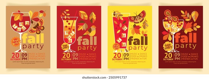 Set of stylish creative flyers for leaf fall party with cocktails, maple, chestnut, oak, rowan leaves, butterflies and a bird. Cool catchy template for autumn party with elements of nature and drinks