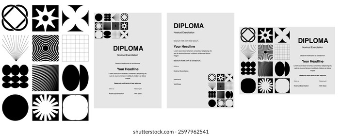 A set of stylish diploma, certificate, and email templates with geometric patterns. Modern minimalism and creative design for official awards and mailings.