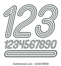 Set of stylish disco vector digits, modern numerals collection. Funky cursive numerals from 0 to 9 best for use in poster art. Made with triple stripy decoration.