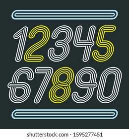 Set of stylish disco vector digits, modern numerals collection. Funky cursive numerals from 0 to 9 best for use in poster art. Created using geometric triple stripes.