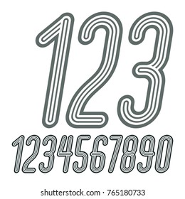 Set of stylish disco vector digits, modern numerals collection. Funky italic tall numerals from 0 to 9 best for use in poster art. Created using geometric triple stripes.