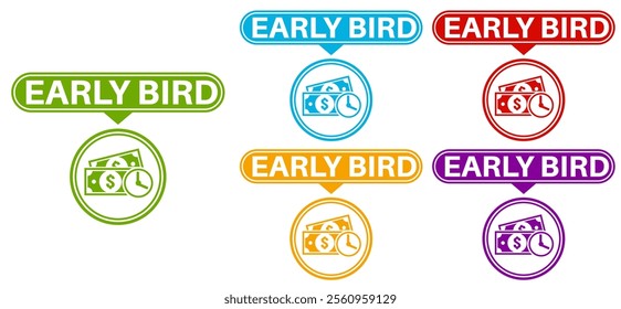 Set Stylish early bird icon labels. early buy symbol Special discount sign sticker social media promotion design vector illustration