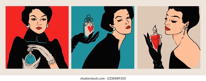 Set of stylish elegant ladies with gloves hold perfumes. Beautiful young women holding bottles of perfume. Retro, vintage style. Hand drawn Vector illustration. Poster, print, design templates