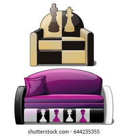 Set of stylish elements of interior in black, white and purple color. Ideas of interior design and furniture in the style of chess isolated on white background. Vector cartoon close-up illustration.