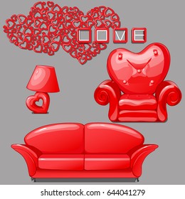 Set of stylish elements of interior in red color. Interior ideas in fashionable women's style isolated on gray background. Vector cartoon close-up illustration.