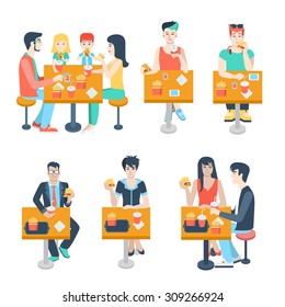 Set Of Stylish Family Young Boy Girl Businessman Couple Figures Sitting Fastfood Table. Flat People Lifestyle Situation Fast Food Cafe Restaurant Meal Time Concept. Creative Human Collection.