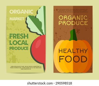 Set of Stylish Farm Fresh flyer, template or brochure design with radish and pumpkin. Mock up design. Best for natural shop, organic fairs, eco markets and local companies. Vector illustration