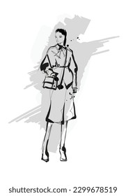 Set of Stylish fashion models. Pretty young girls. Fashion woman Sketch