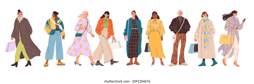 Set of stylish fashionable girls and young women