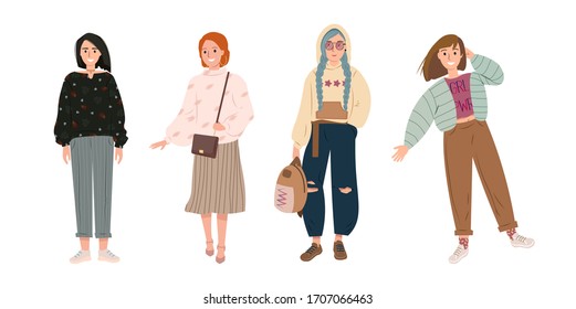 Set of stylish fashionable young women dressed in trendy clothes. Fashion girl model and trendsetters. Collection of casual and formal outfits. Go shopping. Flat cartoon colorful vector illustration.
