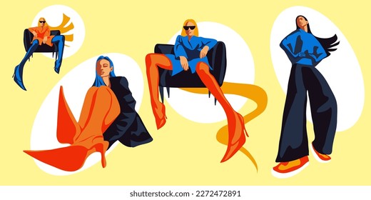 A set of stylish fashionista girls in bright colors. Fashionable different girls in different poses. Juicy modern woman in stylish clothes with elongated body parts. An inverted perspective.