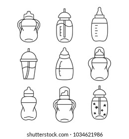 Set of stylish feeding bottles and cups for babies. Outline vector icons. Flat design for bottles with milk and liquid for kids. Baby nutrition and care