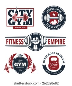 Set von stilvollen Fitnessemblemen. Logo-Vorlagen für Gymnastik. Vektorkunst.