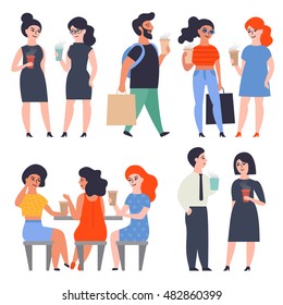 Set of stylish flat characters. City dwellers drink coffee. Coffee break concept