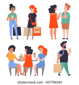 Set of stylish flat characters. People in the shopping and coffee, boys and girls with the packages. Sales, and shopping.