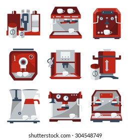 Set of stylish flat color vector icons for coffee machines. Selling of equipments for cafe, restaurants and cafeteria for business and website