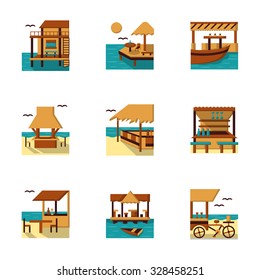 Set of stylish flat color vector icons for cafe, bars and bungalows. Sea cost architecture and buildings. Web design elements.