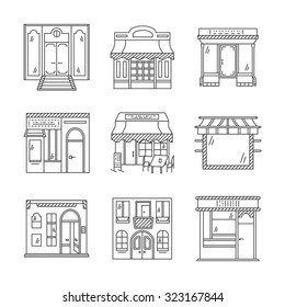 Set of stylish flat line design vector icons for commercial buildings facade. Showcase and storefronts. Elements of web design for business and site.