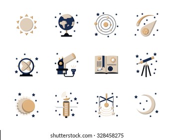 Set of stylish flat vector icons and signs for astronomy. Science and educational symbols. Web design elements.