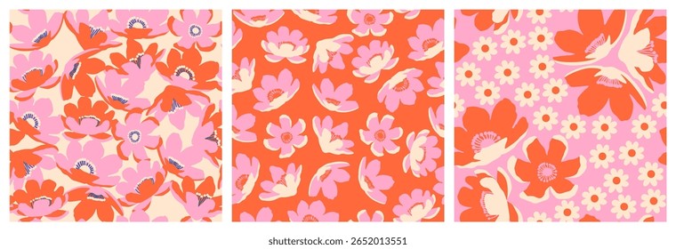 set stylish flowers abstract seamless patterns. romantic hand drawn floral summer design for textiles, wallpaper, wrapping paper, fabric, fashion, tropical design background vector illustration