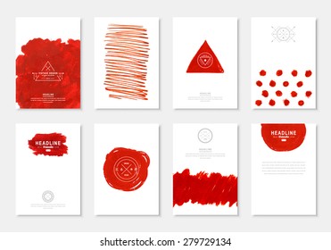 A set of stylish flyers, brochures, templates design. Creative cards with watercolor and hipster logos. Hand drawn watercolor patterns and shapes. Vector banners