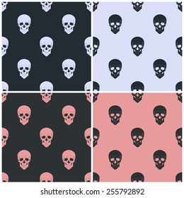 Set of stylish four vector seamless pattern with skull. 