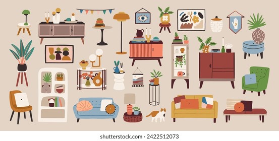 Set of stylish furniture, decorations, prints and plants. Cozy and comfy living room pieces.
Perfect for creating different interior compositions. All elements are isolated.