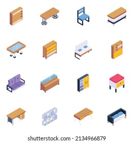 Set of Stylish Furniture Isometric Icons 

