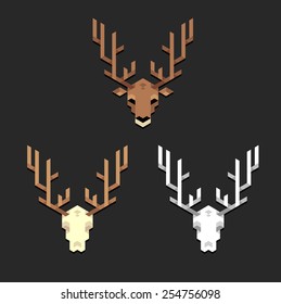 Set of stylish geometric deer heads with antlers: live deer and deer skull in two variants, full color and monochrome.