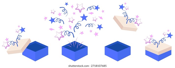 Conjunto de variaciones de caja de regalo con estilo con resortes y estrellas. Vector selección de sorpresas aisladas. Caja cuadrada cerrada azul. Fuegos artificiales festivos de cartón sorpresa. Embalaje de regalo abierto.