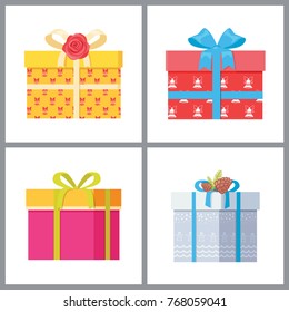 Set of stylish gift boxes in decorative wrapping paper with bells, topped by bows with flowers and cones vector illustration icons isolated on white