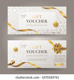 Set Of Stylish Gift Voucher With Golden Ribbons, A Realistic Bow And Ornamental Patterns. Vector Elegant Template For Gift Card, Coupon And Certificate. Isolated From The Background.